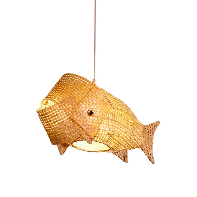 1 Head Restaurant Hanging Lamp Asian Beige Pendant Light Fixture with Fish Bamboo Shade