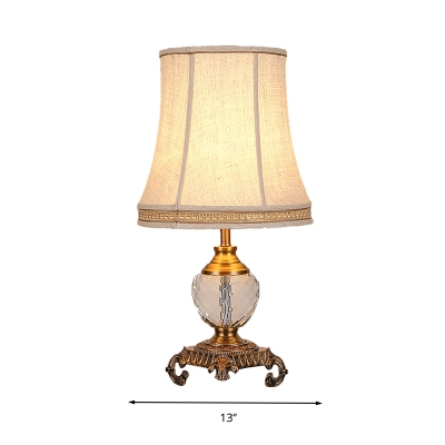 1 Light Crystal Nightstand Lamp Vintage Beige Carved Base Living Room Table Light with Fabric Empire Shade