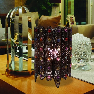 1 Light Cylinder Table Lamp Art Deco Copper/White Metal Nightstand Lighting for Living Room