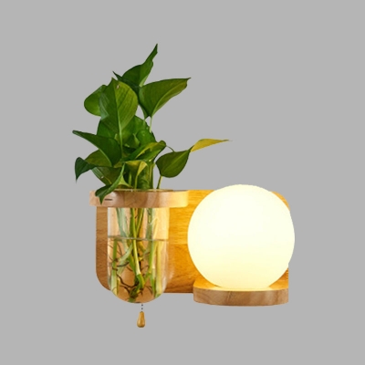 1 Light Wall Lighting Fixture Industrial Globe Opal Glass LED Wall Lamp Sconce in Wood without Plant, Left/Right