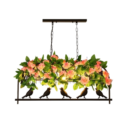 3/4 Lights Birdcage Island Ceiling Light Industrial Black Metal Hanging Lamp with Rose Decoration