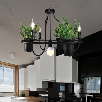 4/7 Lights Candle Chandelier Lamp Industrial Black Metal LED Plant Pendant Light for Restaurant