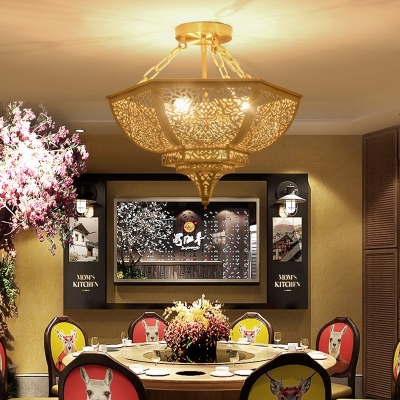 4 Heads Metal Semi Flush Lighting Traditional Gold Basket Dining Room Flush Mount Lamp