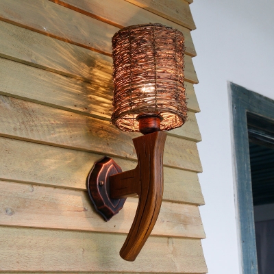 Armed Wood Sconce Light Chinese 1 Bulb Brown Wall Mounted Lamp with Tubular Rattan Shade