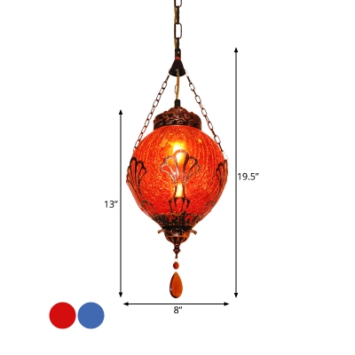 Art Deco Lantern Hanging Lighting 1 Head Red/Blue Ice Cracked Glass Ceiling Pendant Lamp for Restaurant