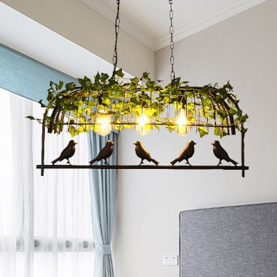 Black 3 Lights Island Ceiling Light Retro Metal Bird Cage Drop Lamp with Plant for Restaurant