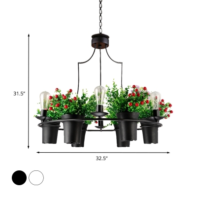 Black/White 6 Heads Chandelier Lamp Antique Metal 1/2 Tiers LED Down Lighting Pendant with Plant Decoration