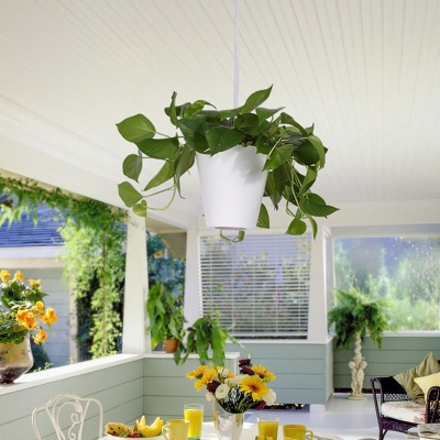 Black/White Barrel Pendant Lighting Fixture Industrial Resin 1 Head Restaurant LED Hanging Ceiling Light with Plant