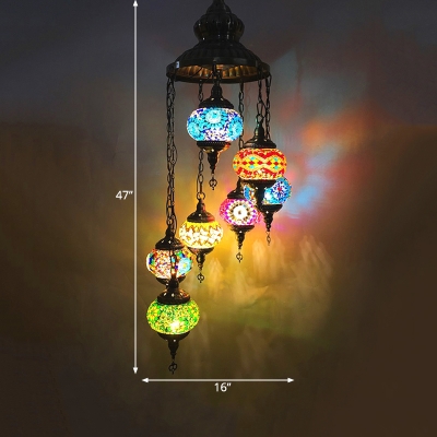 Blue Rotate Hanging Chandelier Vintage Stained Glass 7 Heads Bar Ceiling Pendant Lamp