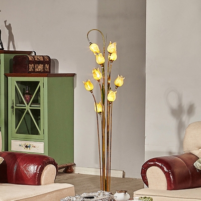 Brass 9 Bulbs Standing Light Antique Amber Glass Tulip LED Floor Lamp for Living Room