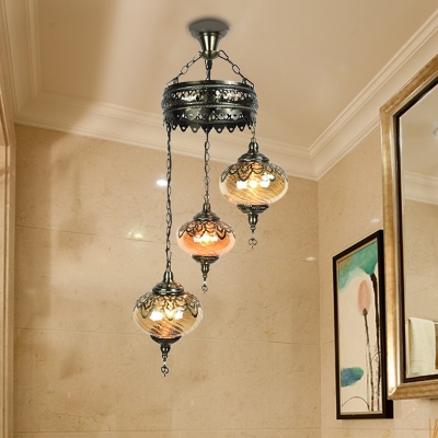 Bronze 3/5 Heads Ceiling Chandelier Traditional Amber Prismatic Glass Oval Hanging Pendant Lamp
