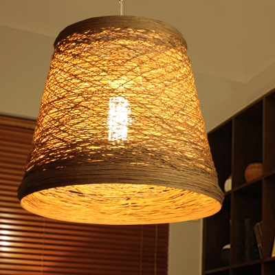 Chinese 1 Bulb Hanging Lamp Flaxen Conical Pendant Light Fixture with Bamboo Shade
