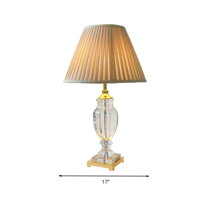 Cone Fabric Table Light Retro Single Bulb Dining Room Nightstand Lamp in Beige with Crystal Accent