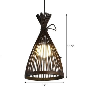 Conical Hanging Lamp Asia Bamboo 1 Bulb Dark Coffee Ceiling Pendant Light, 8.5