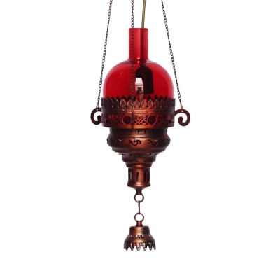 Copper 1 Bulb Ceiling Pendant Light Traditional Red/Green Glass Lantern Shaped Hanging Light Fixture
