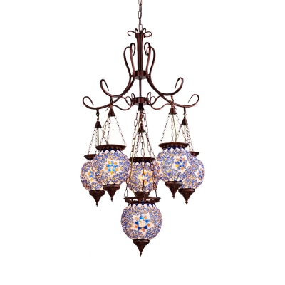 Copper Lantern Chandelier Lighting Fixture Art Deco Stained Glass 6 Heads Hanging Ceiling Lamp