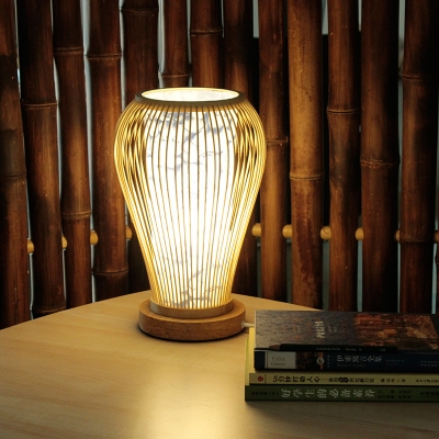 Curved Bamboo Task Light Asian 1 Bulb White Small Desk Lamp with Inner Cylinder Shade