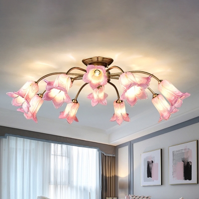 Flared Bedroom Semi-Flush Mount Light Traditional White/Purple Glass 12 Bulbs LED Gold Close to Ceiling Lighting Fixture
