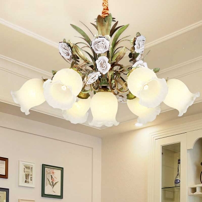 Floral Cream Glass Chandelier Light Traditionalism 4/7/9 Bulbs Bedroom LED Pendant Lamp in Green