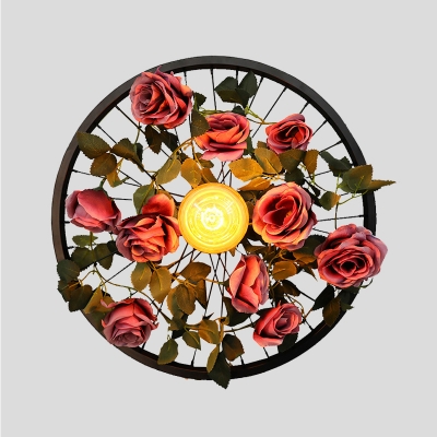 Metal Black Wall Sconce Wheel 1 Bulb Retro LED Wall Mount Light with Rose Decoration