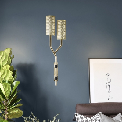 Moderism Half- Cylinder Sconce Metal 2 Heads Wall Mounted Light Fixture in Brass with Arm
