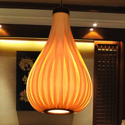 Pear Wood Hanging Lamp Chinese 1 Bulb Beige Ceiling Pendant Light for Dining Room