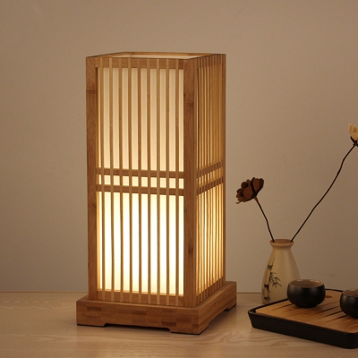 Rectangular Task Lighting Asian Wood 1 Head Beige Small Desk Lamp with Switch for Bedroom