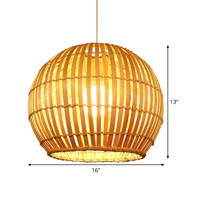 Spherical Ceiling Light Japanese Bamboo 1 Head Beige Pendant Lighting Fixture, 16