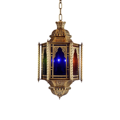 Traditional Incense Burner Pendant 1 Light Metal Suspended Lamp in Brass with Colorful Glass Shade
