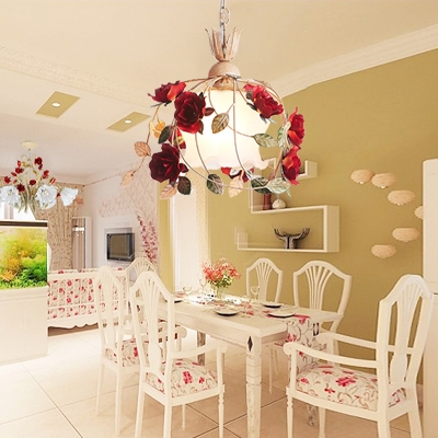 White Glass Rose Drop Pendant Pastoral 1 Head Dining Room Hanging Lamp Kit, 12.5