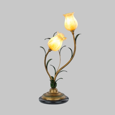 White/Yellow Glass Flower Night Light Traditional 2 Lights Living Room Table Lamp with Metal Curving Arm