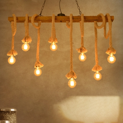 Wood Open Bulb Island Lighting Industrial Style 5/8 Lights Restaurant Hanging Billiard Light in Beige