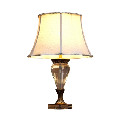1 Bulb Crystal Night Light Antique Beige Paneled Bell Bedroom Table Lamp with Round Pedestal