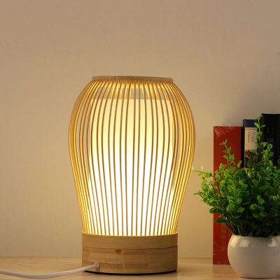 1 Bulb Urn Task Light Chinese Bamboo Small Desk Lamp in White with Cylinder Parchment Shade