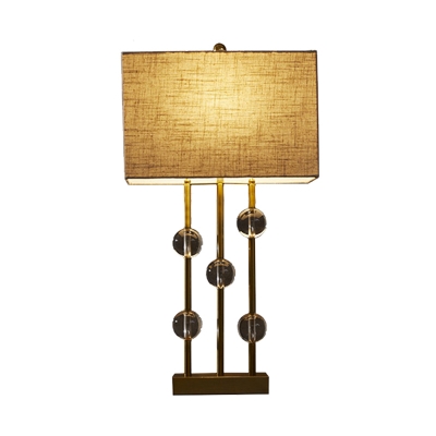 1 Head Rectangle Table Lamp Traditional Beige Fabric Nightstand Light with Clear Crystal Bead