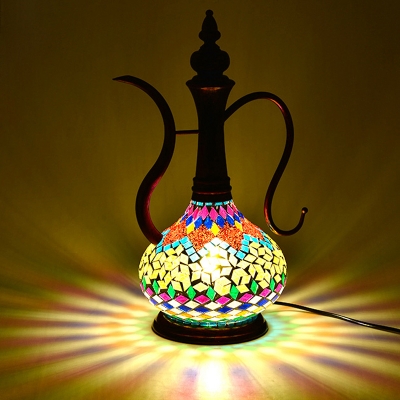 1 Light Teapot Shape Table Lamp Art Deco Copper Stained Glass Night Light for Bedroom