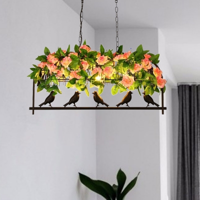 3/4 Lights Birdcage Island Ceiling Light Industrial Black Metal Hanging Lamp with Rose Decoration