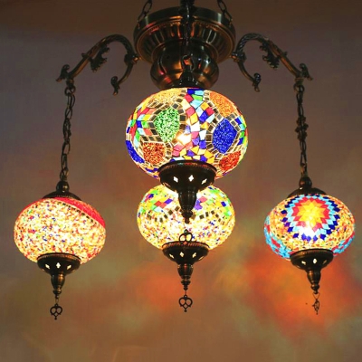 4/6 Bulbs Stained Glass Chandelier Lamp Vintage Bronze Ball Coffee Shop Hanging Light Fixture
