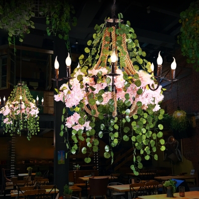 8 Lights Flower Chandelier Lighting with Candlestick Metal Industrial Restaurant Drop Pendant in Pink