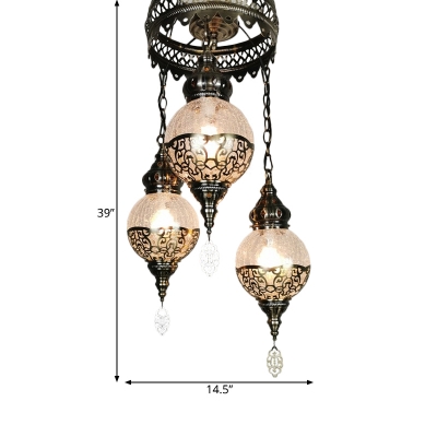 Antiqued Ball Chandelier Pendant 3 Heads Metal Hanging Light Fixture in White/Bronze with Crackle Glass Shade