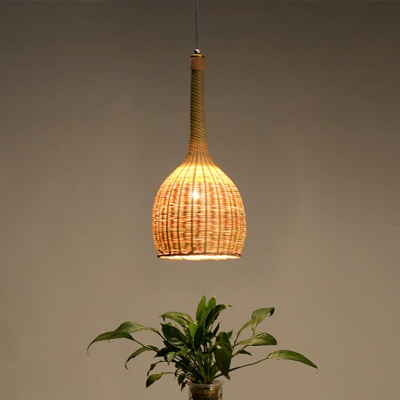 Asian 1 Head Down Lighting Beige Domed Ceiling Pendant Light with Bamboo Shade