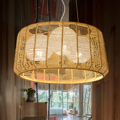 Bamboo Drum Chandelier Lighting Japanese 3 Bulbs Hanging Light Fixture in Beige for Tearoom