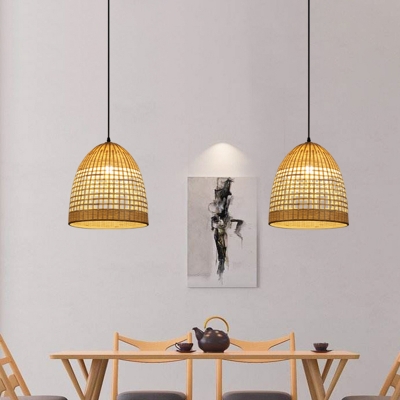 Basket Ceiling Lamp Contemporary Bamboo 1 Bulb Suspension Pendant Light in Beige