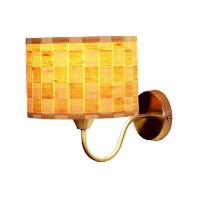Beige Drum Sconce Asia 1 Head Wood Wall Mounted Light Fixture with Metal Curved Arm