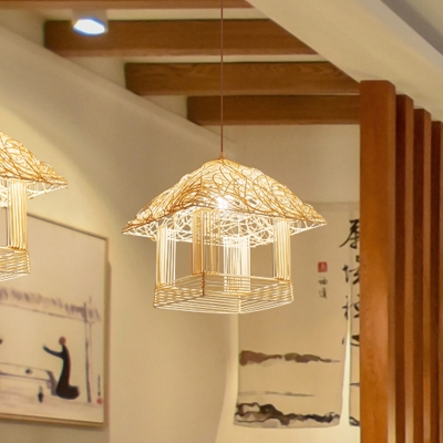 Beige House Ceiling Lamp Japanese 1 Bulb Bamboo Hanging Light Kit for Dining Room
