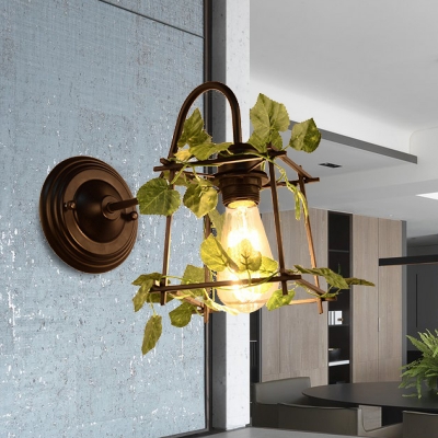 Black 1 Head Wall Light Antique Metal Diamond/Globe/Square LED Wall Sconce with Plant Decoration for Restaurant