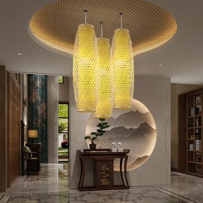 Chinese 1 Head Hanging Lamp Beige Handcrafted Ceiling Pendant Light with Bamboo Shade