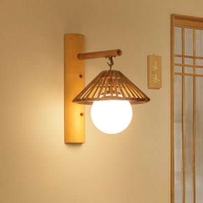 Cone Wood Wall Lamp Asian 1 Bulb Beige Sconce Light Fixture with Ball White Glass Shade