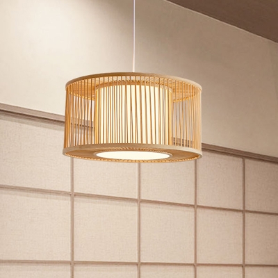 Cylinder Pendant Lamp Asian Bamboo 1 Head Beige Ceiling Hanging Light for Restaurant
