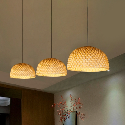 Domed Bamboo Hanging Light Asia 1 Bulb Beige Ceiling Suspension Lamp for Dining Room